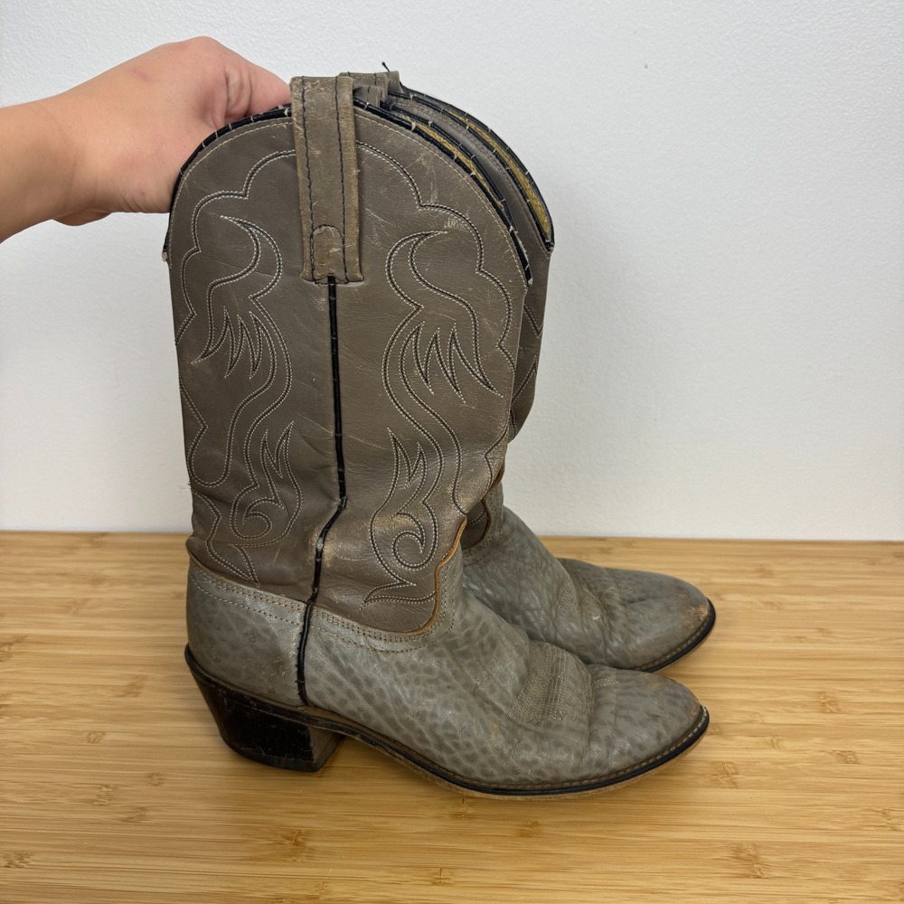 Vintage Acme Gray Leather Western Cowboy Boots Women Size 7 D Genuine - Picture 1 of 11